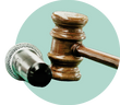 Gavel and microphone graphic with light creen circle in the background