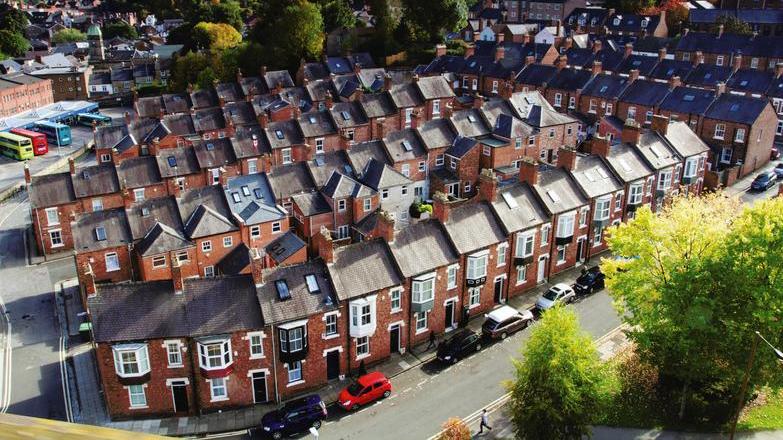 Aerial view of terraced houses in Durham