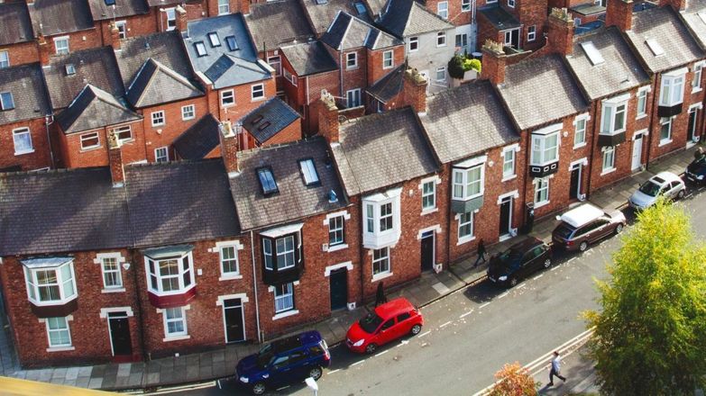 Aerial view of terraced houses in Durham