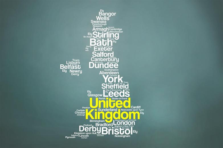 UK cities and towns forming outline of UK map