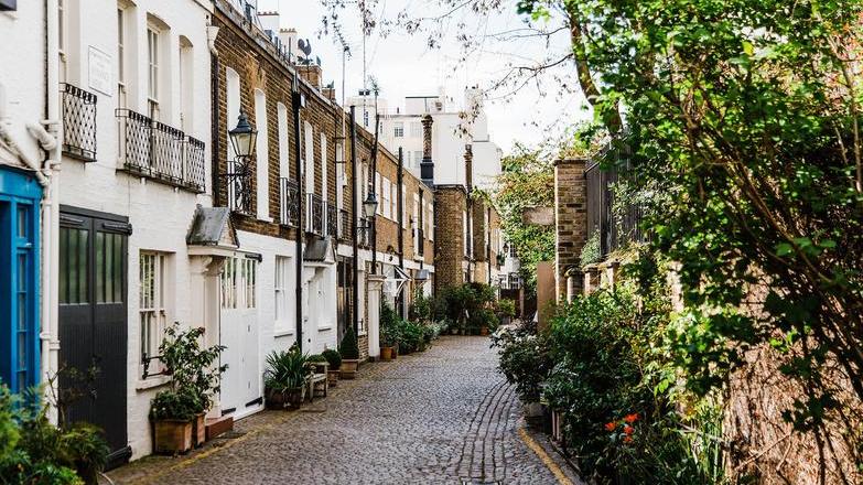 Pebble street with traditional properties