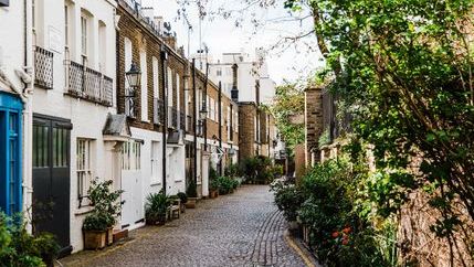Pebble street with traditional properties