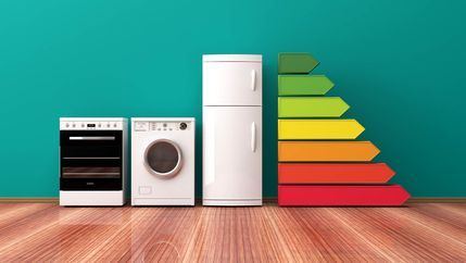 Oven, washing machine and fridge appliances positioned next to energy efficiency chart