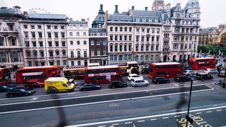 London buses in traffic