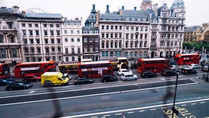 London buses in traffic