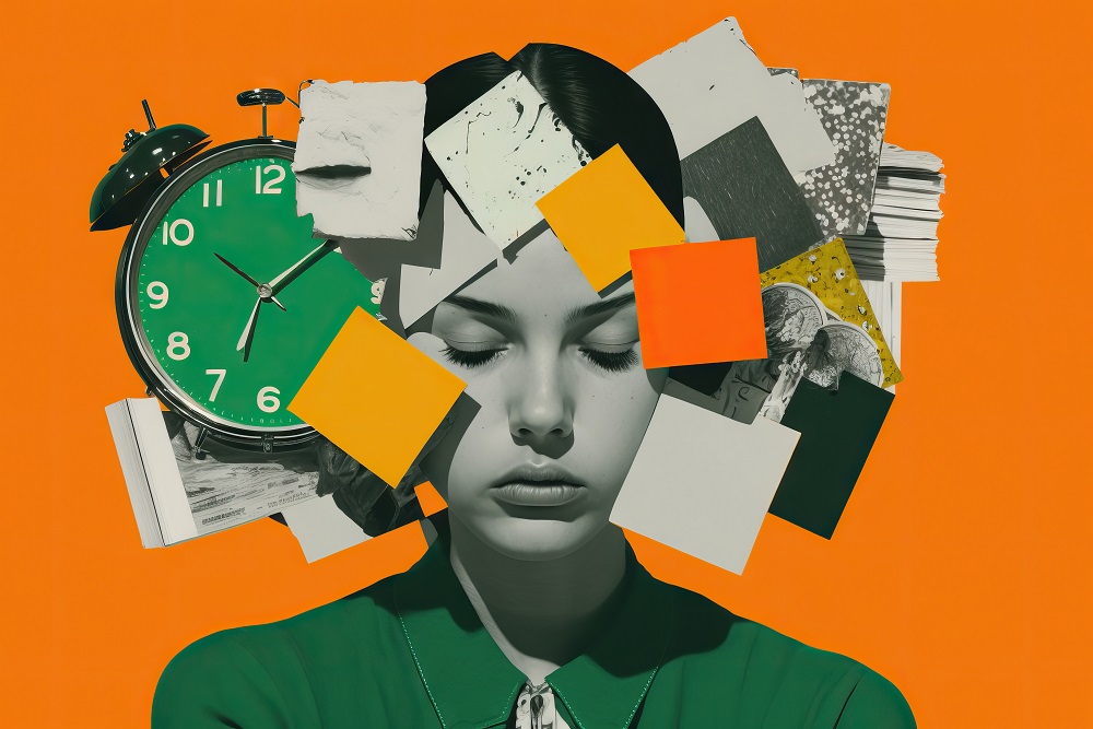 Overwhelmed woman with a clock, notes and documents spiralling around her head