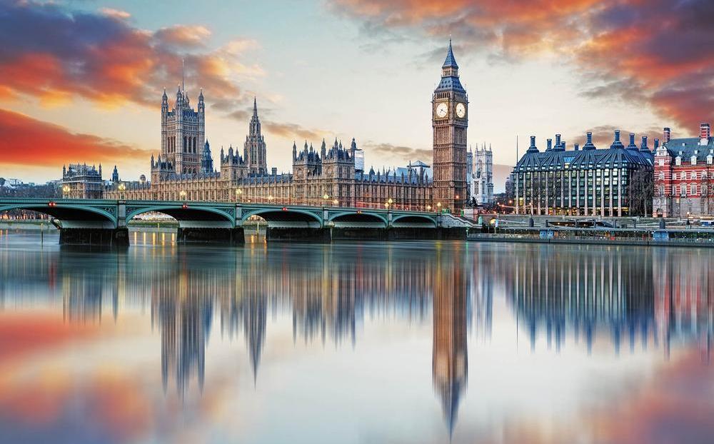 Houses of Parliament with red clouds