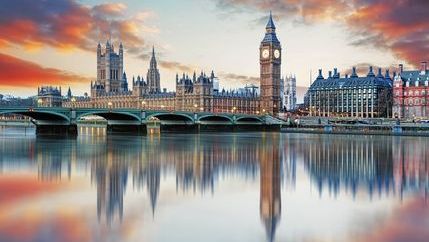Houses of Parliament with red clouds